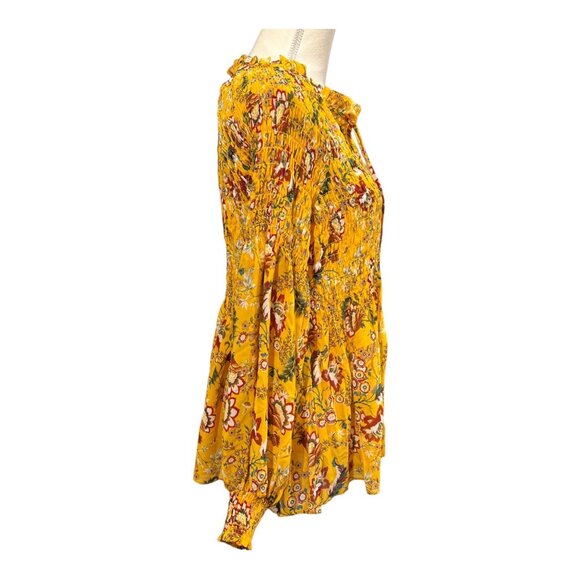 Rose & Olive Top Womens M Yellow Floral Smocked Peasant Blouse Tunic Boho Hippie - Picture 4 of 9